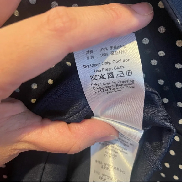 DKNY Navy Blue Polka Dot Collared Fit & Flare Long Sleeve Midi Dress Sz 6 - Picture 6 of 10
